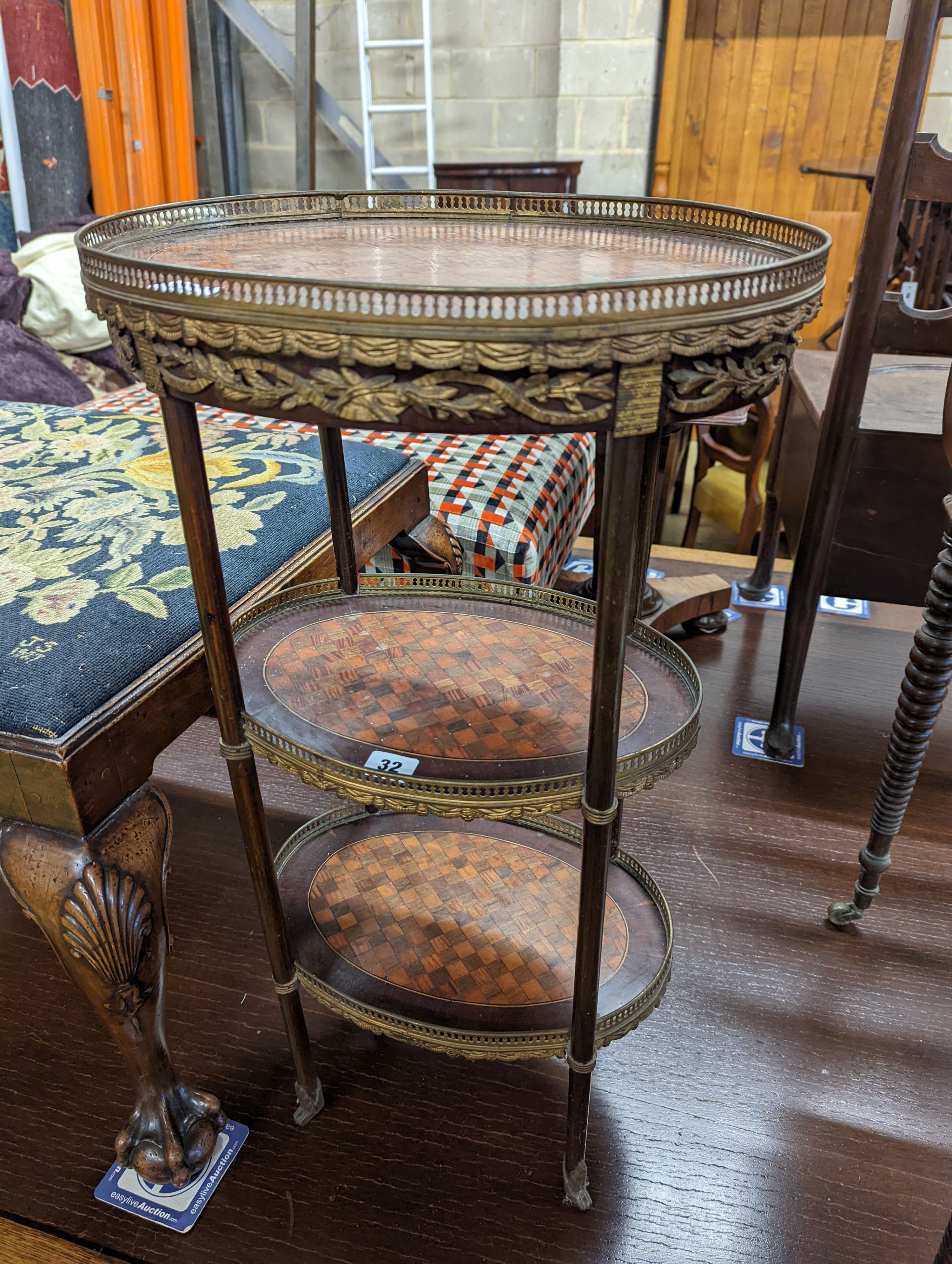 A 19th century French parquetry inlaid gilt metal mounted three tier etagere, width 40cm, depth 30cm, height 72cm
